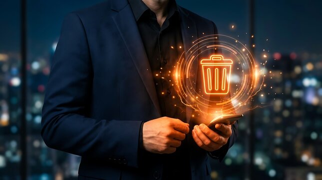 Businessman using smartphone with glowing digital trash bin icon representing data deletion and secure file removal at night city office