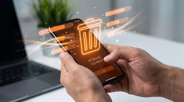 Close-up of person holding smartphone with glowing virtual trash bin icon and storage cleanup concept on screen in office setting