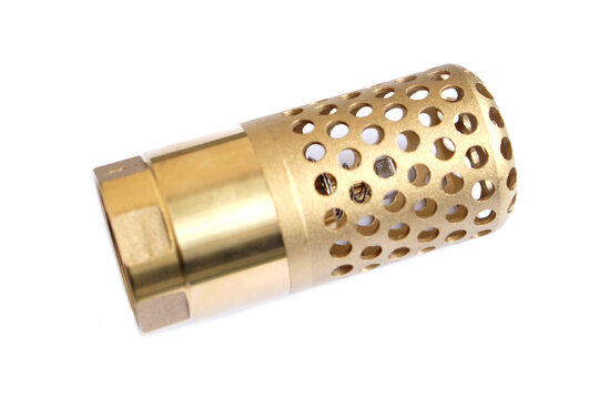 Close-up of a brass foot valve with perforated strainer, used in water pumping systems to prevent backflow and filter debris, isolated on white background with detailed texture