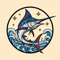 Obraz premium Stylized Marlin Fish Jumping Through Ocean Waves Vector Illustration.