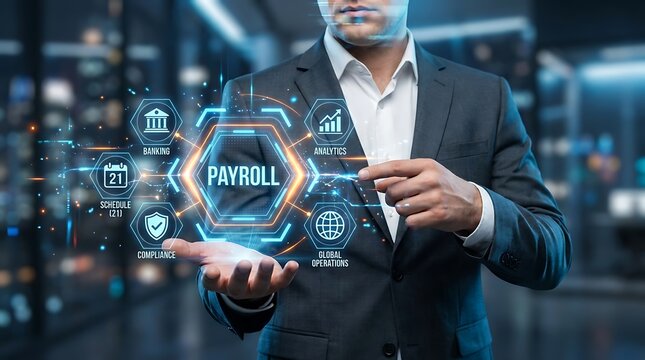Businessman interacting with futuristic payroll and finance digital interface in modern office environment showcasing global operations and compliance concepts