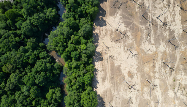 Aerial view stark contrast lush green rainforest next to arid deforested land with power lines