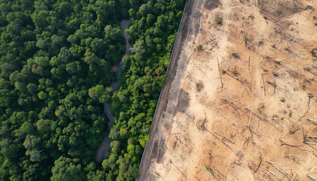 Aerial view of stark contrast between lush green rainforest and deforested land with road