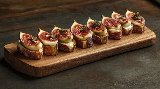 Gourmet fig and cheese appetizers on wooden board, close-up view