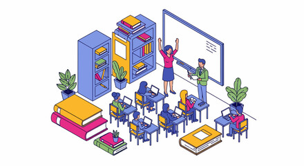 Fototapeta premium A big room with boys and girls and books and many desks and small tech