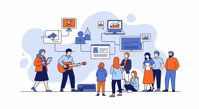 man play guitar for folk with data web flat art link style app dev pro