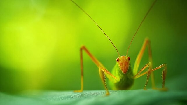 The Green Grasshopper: A close-up shot of a vibrant green grasshopper resting on a verdant leaf, capturing the intricate details of its form and the natural beauty. 