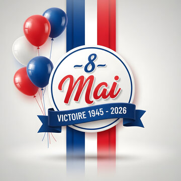 8 Mai Victory Day France design. French tricolor balloon celebration badge. WWII remembrance patriotic concept. Modern festive vector illustration