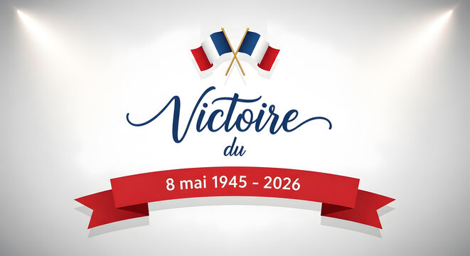 Victory Day France banner design. Victoire du 8 mai 1945 ribbon emblem. WWII remembrance celebration concept. Elegant patriotic vector illustration