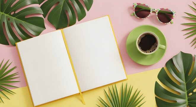 Open notebook with blank pages on a colorful tropical background