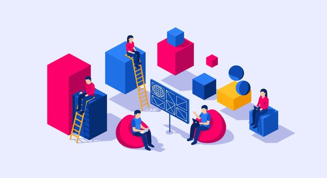 Team work idea task web site dev app build icon men fast desk busy data