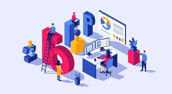 Modern isometric vector of professional team working in customer service help desk to provide technical business solutions