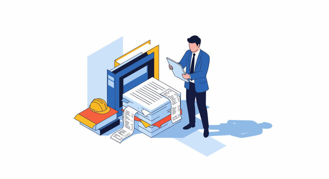 Professional man accountant auditor reviewing large stack of financial audit documents and business files for corporate report