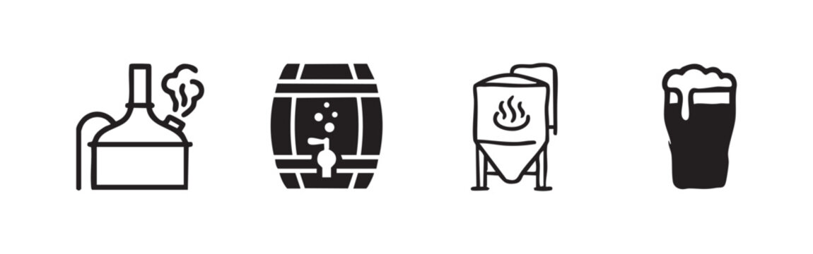 Brewery equipment icons: kettle, barrel, tank, beer glass.