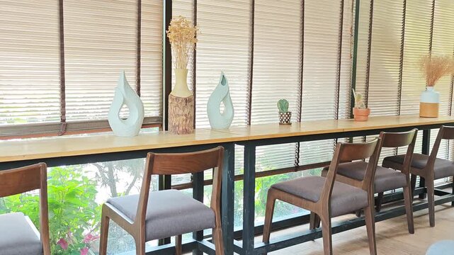 Tables and chairs in a cafe.