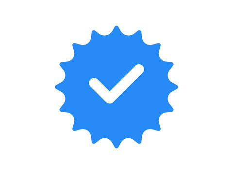 A prominent blue verified badge with a crisp white checkmark inside, often symbolizing authenticity, approval, and successful completion, a recognizable digital icon on transparent bac