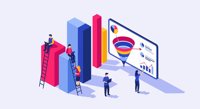 Marketing team analyzing sales funnel and data chart for business growth and success in isometric