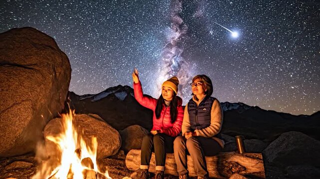 Two friends enjoy a campfire under a starry night sky, appreciating the beauty of the cosmos and the vastness of space