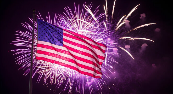 American flag waving with fireworks display