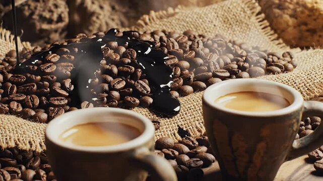 A close-up shot showcases freshly brewed coffee being poured over a bed of roasted coffee beans, creating a warm and inviting scene.