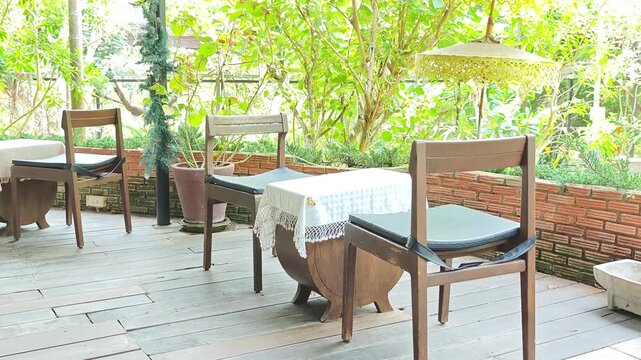 Tables and chairs in a cafe.