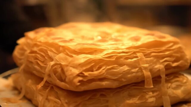 slow motion close-up of golden flaky msemen flatbread cooking on griddle, warm cinematic 4k footage