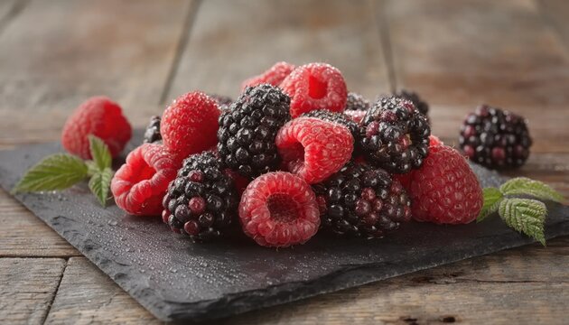 A close-up view of a fresh pile of ripe raspberries and blackberries resting on a dark slate surface with a wooden background, showcasing vibrant colors and natural textures.