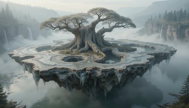 Majestic ancient fantasy tree flourishes atop a surreal floating island in a misty mountain landscape