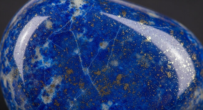 Close-up macro shot of polished lapis lazuli gemstone showcasing deep blue color with golden pyrite inclusions and white calcite veins perfect for jewelry design or background texture