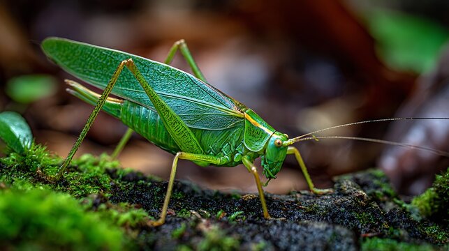 Detailed macro of a green grasshopper insect perched on a summer leaf in nature featuring of the locust antenna and legs