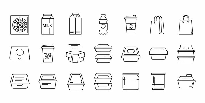 A collection of line art icons depicting various food and drink packaging, including takeout containers, milk cartons, bottles, coffee cups, and shopping bags.
