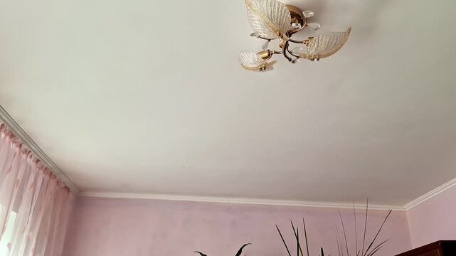 Leaf shaped glass ceiling light fixture with warm glow against smooth white ceiling and pink curtains, highlighting ornate lighting element and cozy atmosphere in the room