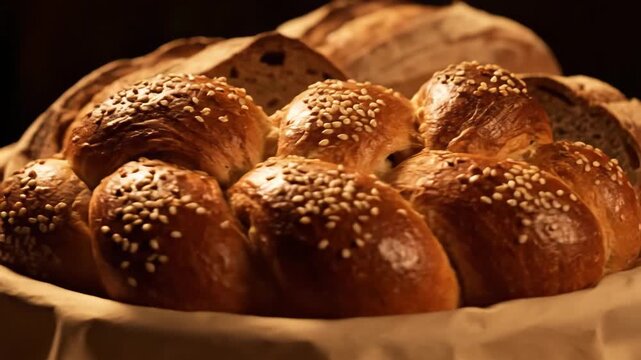 Assortment of freshly baked rustic bread loaves displayed in a woven basket, featuring sourdough rounds and sesame seed buns in warm, dark lighting.