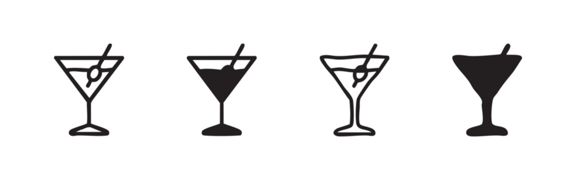 Cocktail or martini glass icon set, alcoholic beverage and bar symbols