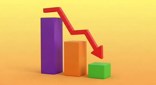 3d bar graph with red arrow pointing down against yellow orange background chart
