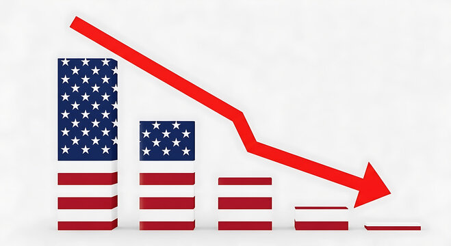 American flag bars graph declining red arrow white background chart