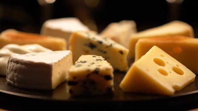 Close-up of a luxurious gourmet cheese platter featuring assortment of aged cheeses, blue cheese, brie, and creamy spread served in dramatic lighting