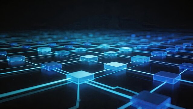 Abstract futuristic technology background blue glowing digital network connecting data nodes on dark surface cyber security concept cloud computing system artificial intelligence