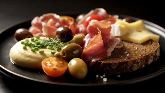 Gourmet antipasto platter close-up featuring prosciutto, olives, cherry tomatoes, cheese, and creamy dip on a dark black plate.