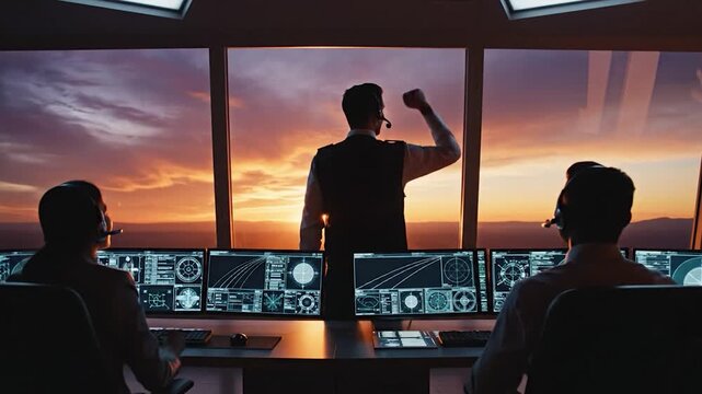 Three individuals are working in a control room, monitoring screens with a beautiful sunset visible through the windows
