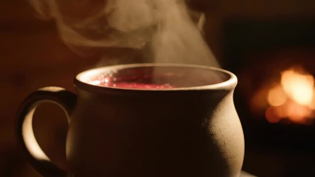 Close-up of a steaming hot beverage, like mulled wine or tea, in a rustic pottery mug, symbolizing comfort, warmth, and relaxation during winter by a flickering fire.