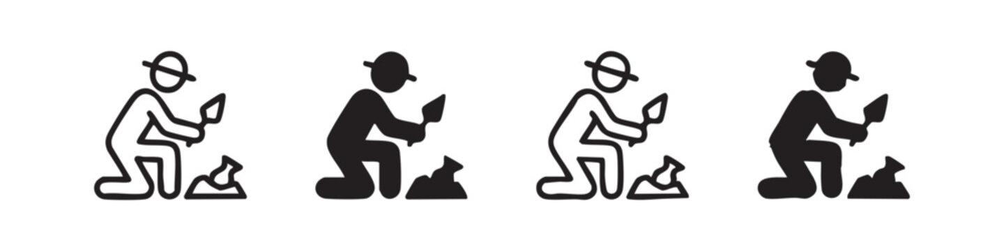 Archaeologist Digging with Trowel Icon Set - Discovery Research and Gardening Graphics