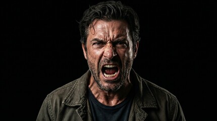 Obraz premium angry person, intense expression, furrowed brows, dramatic lighting, high contrast, isolated, transparent background, ultra realistic