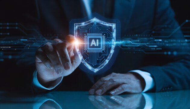 Business suit hand touches glowing neon-blue holographic shield with circuit traces, AI microchip center, orange light flare. Cybersecurity, data protection, artificial intelligence safety.