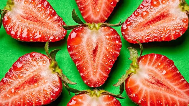 A close-up shot of several sliced red fruit arranged in a circular pattern on a vibrant green surface, showcasing freshness