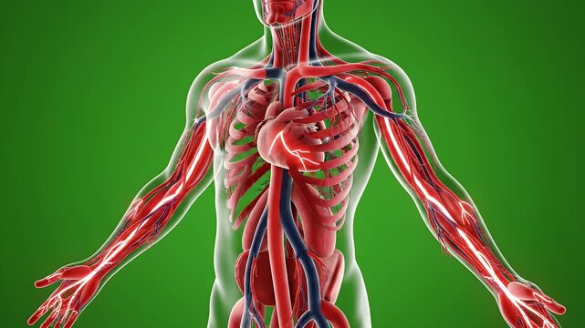 Detailed 3D Illustration of Human Circulatory System with Red and Blue Arteries and Veins on Green Background