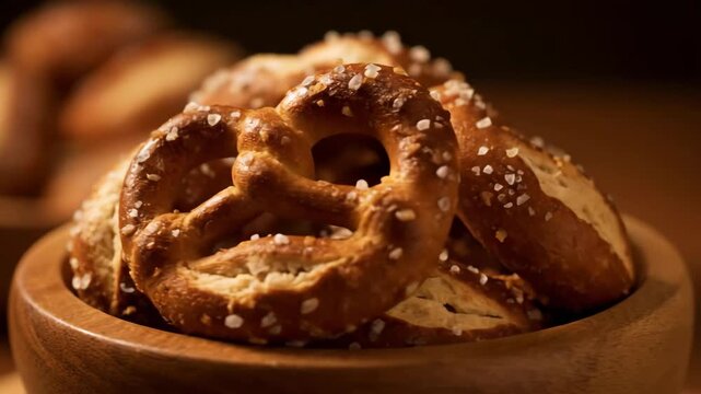 Close-up of freshly baked mini pretzels (brezels) topped with coarse salt crystals, piled high in a rustic wooden bowl under moody, dark lighting.