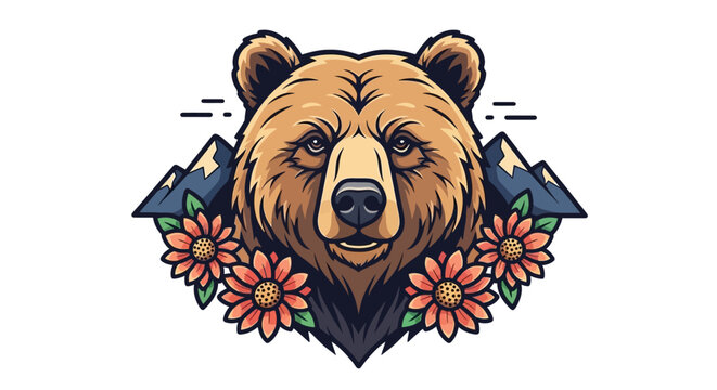 Brown bear head with mountains and sunflowers illustration on white