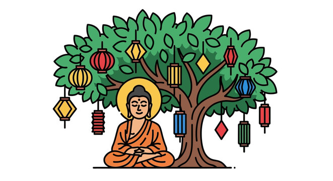 Buddha meditating under a tree with hanging colorful lanterns for Vesak