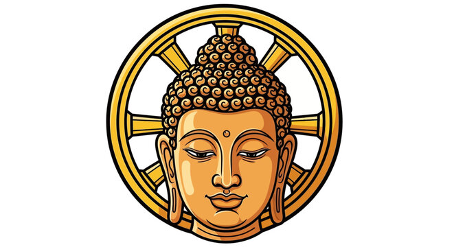 Golden buddha face and dharma wheel illustration on white background